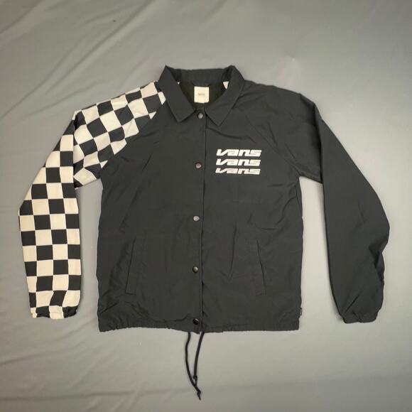Vans Thank You Coach Jacket XS Black Checkered Sleeve Logo Windbreaker - Picture 1 of 8